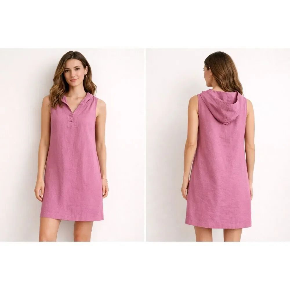Womens Pink Linen Hooded Shift Dress Sleeveless Medium